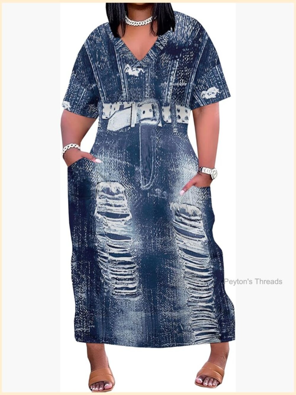 Plus Size Maxi Dress V Neck Short Sleeve with Pockets Soft Jean Look